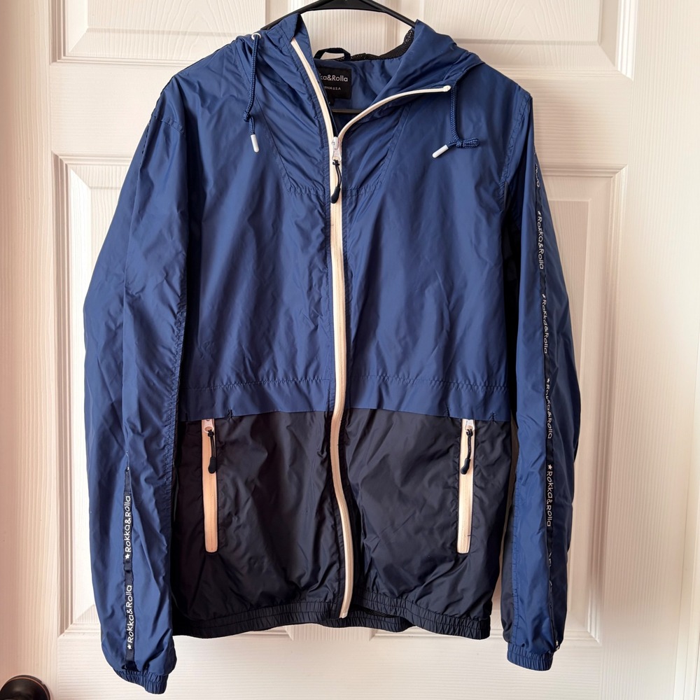 Rokka&Rolla Mens Windbreaker Jacket Navy Blue Colorblock Hooded Mesh Lined‎ M